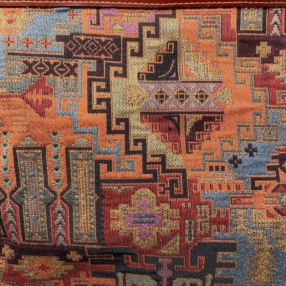 Vintage Southwestern Tapestry Carpet Bag Leather Trim Weekender Tote Satchel